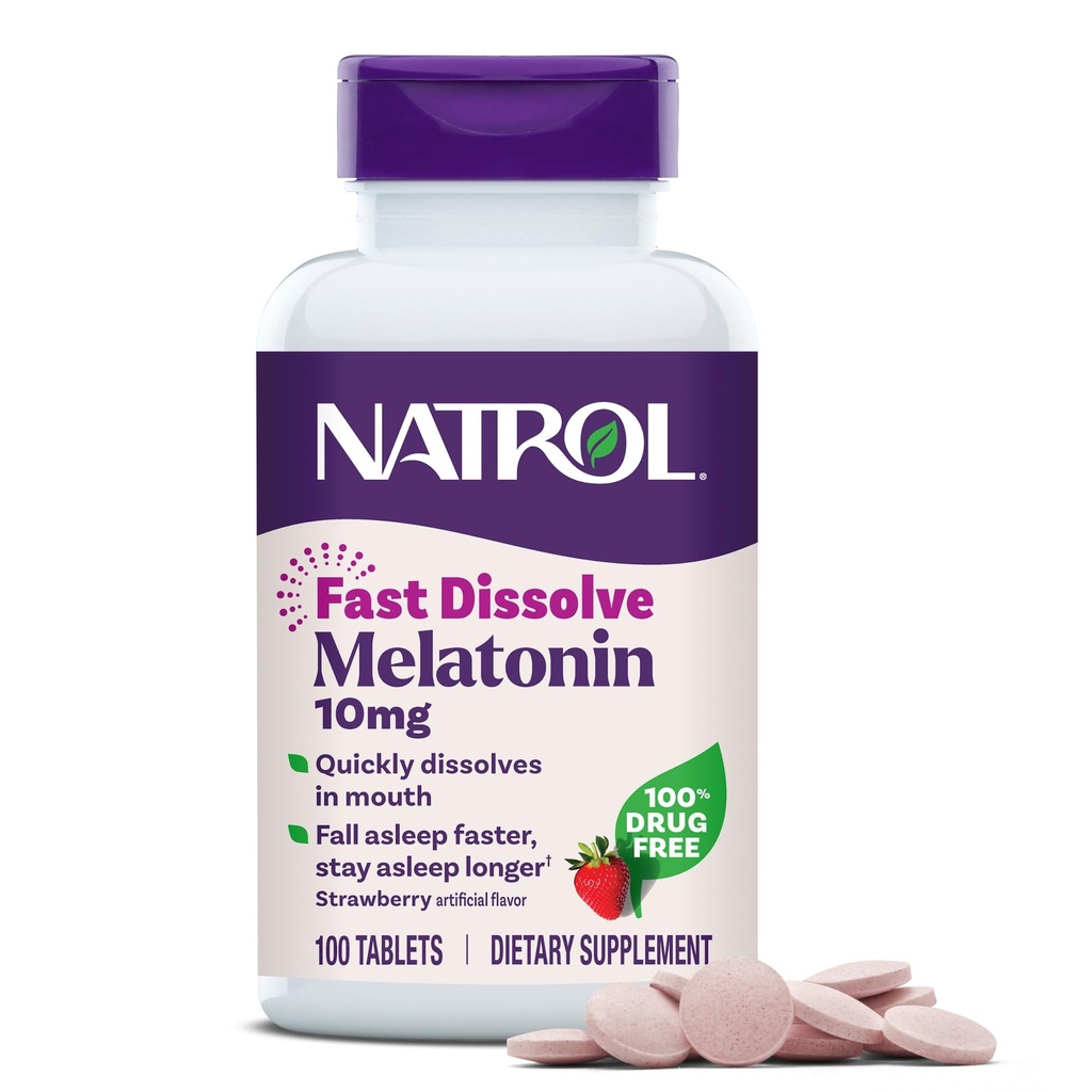 Natrol Melatonin 10 mg Hızlı Dissolve Tabletleri - Strawberry Flavor, 100 Kont, Sleep Support, Fast Dissolve Melatonin for Yetişkinler, 100-Day Supply