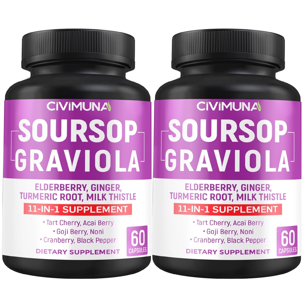 Soursop Graviola Capsules with Elderberry, Turmeric Curcumin and More - 120 Capsules for 4 Months Supply (Pack of 2)