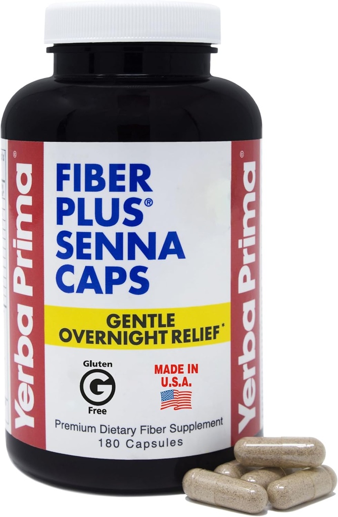 Yerba Prima Fiber Plus Senna Capsules, 180 Kont - Gece Yardımı, ABD Made, Non-GMO, Kısa Süreli Kullanımlar için Düzenliliği Geri Almak İçin Kullanıyor