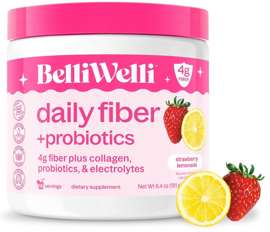 Kadınlar ve erkekler için belirli Welli Fiber Supplement, Organik Acacia'dan gelen Premium Daily Fiber Toz, Eklenme veProbiyotikler, No Bloat, Constipation &Gut Health Support (Strawberry Lemonade)