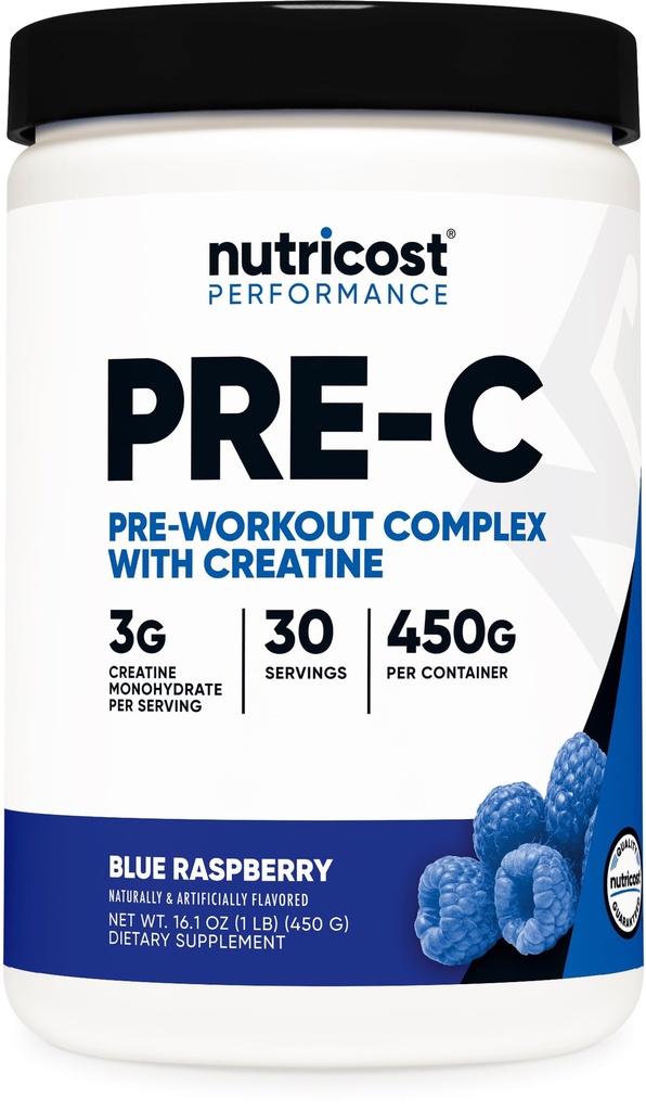 Nutricost Pre-C Pre-Workout Kompleks witht Tinaine (Mavi Rasberry | 30 Hizmet) Toz - Fintess Routines, 450g