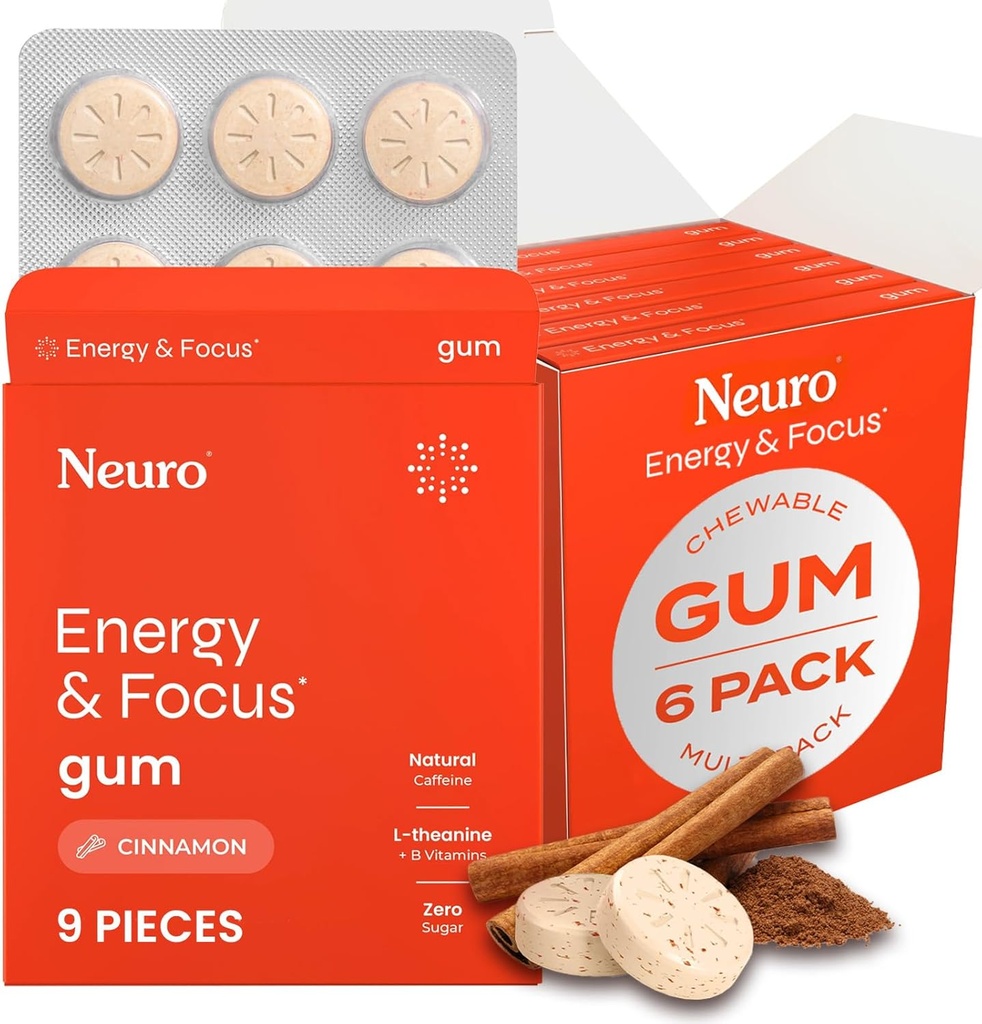 NöroGum Energy & Focus Gum (54 Count-6 Pack, Cinnamon) | 40 mg Natural Caffeine + L-Theanine + Vitamin B12 & B6 + Xylitol | Sugar Free Nootropic Cognitive Brain Performans Tamamlayıcı