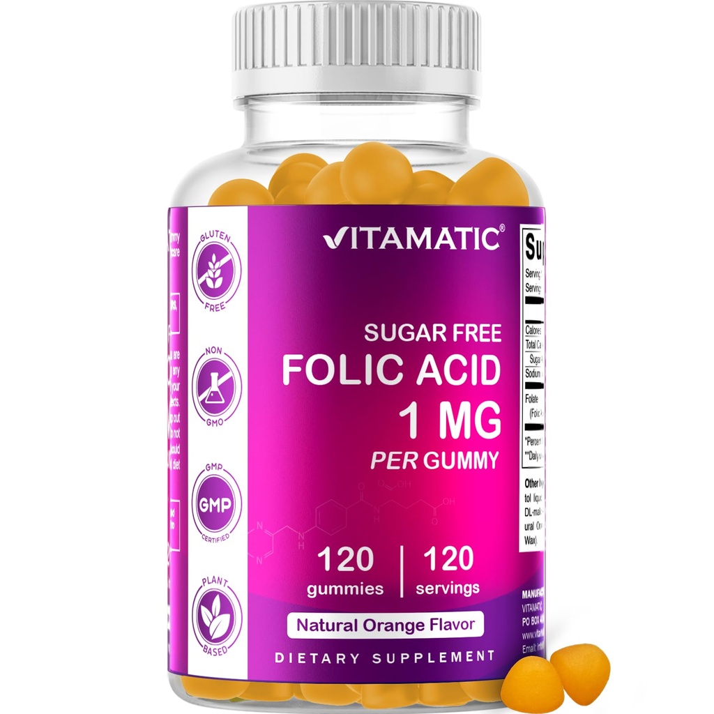 Vitamatic Folic Acid Gummies 1000 mcg (1 mg) - Anne ve Bebek için Temel Prenatal Vitaminler - B9-120 Vegan Gummies (1)