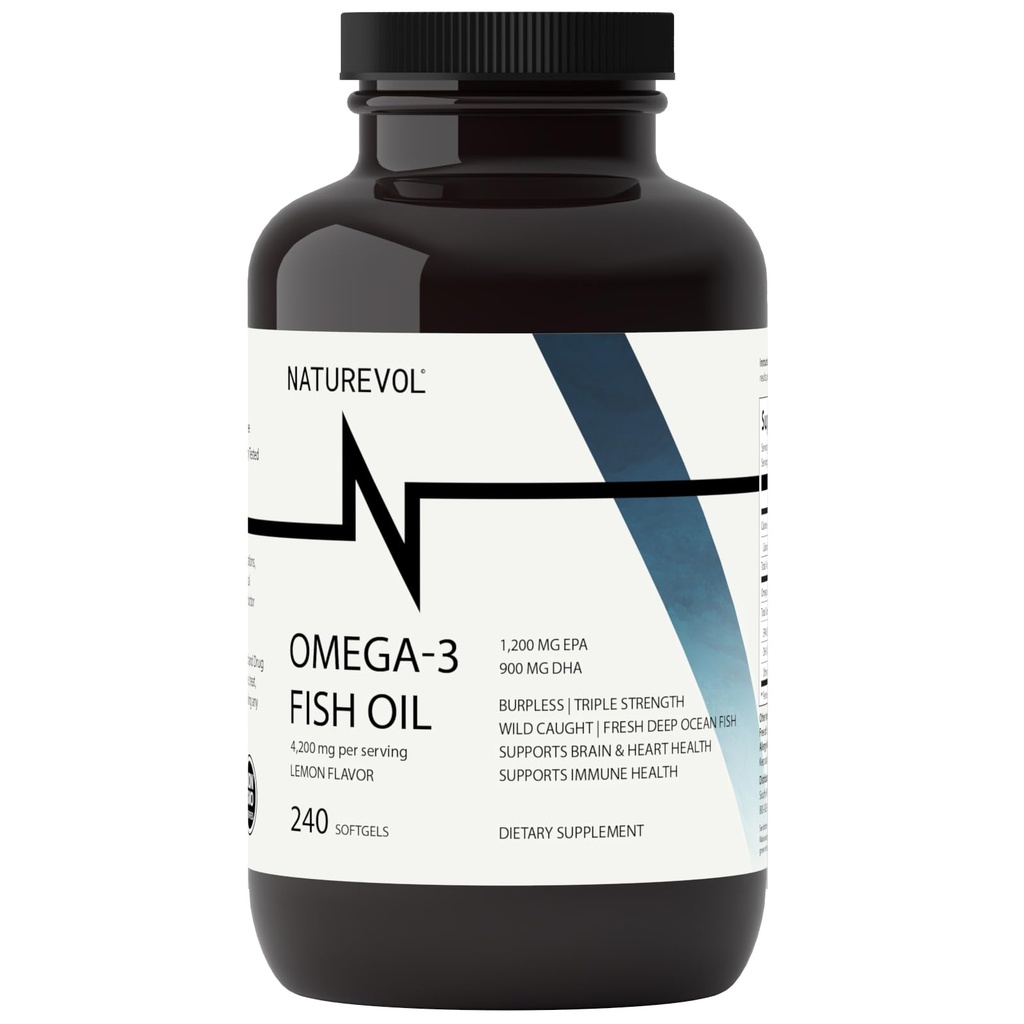 Triple Strength Omega 3 Fish Oil 4200 mg - Burpless | 2200 mg of Omega 3 Fatty Acids | 1200 mg EPA + 900 mg DHA | En İyi Temel Fatty Asits | Wild Caught / Sea Fish, Lemon Flavored - 240 Softgels