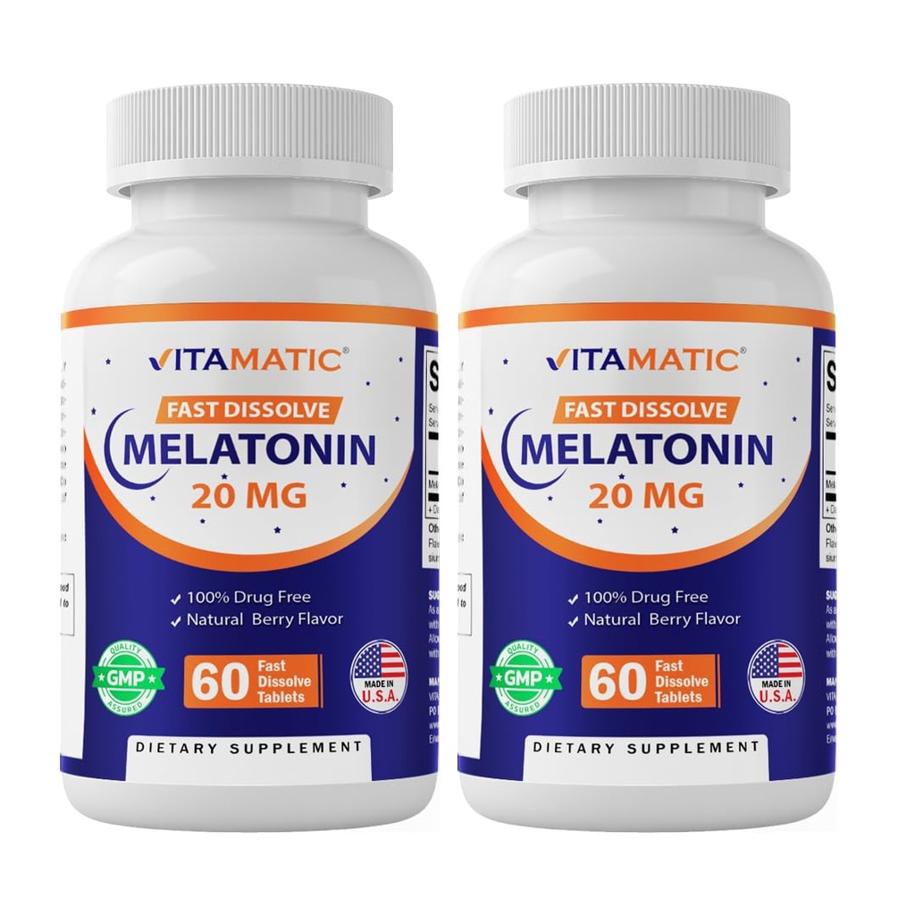 Vitamatic 2Pack High Potency Melatonin 20 mg – 60 Hızlı Dissolve Tabletler Toplam Hızlı Odaklı Uyku Desteği – Doğal Berry Flavor | Vegetarian