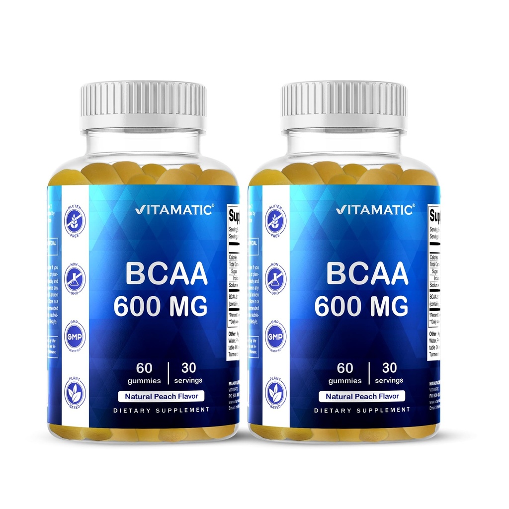 Vitamatic BCAA Gummies - Branş Zincirleri - Peach Flavor - Servis başına 600 mg - 60 Vegan Pectin Temel Gummies (2 Şişe)