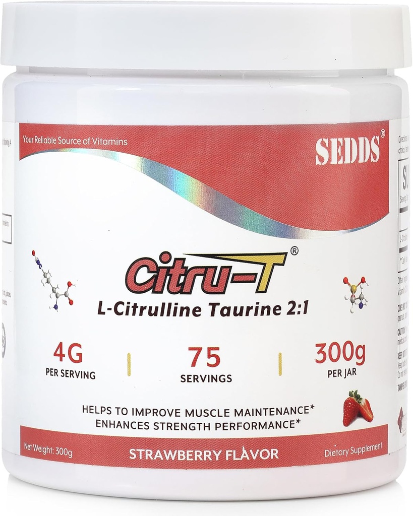 Strawberry-Flavored L-Citrulline Taurine 2:1, L Citrulline Powder, Unflavored Vegan Taurine Powder, Pre-Workout Sports Nutrition for Men and Women,1 Pound of Powder Each Can