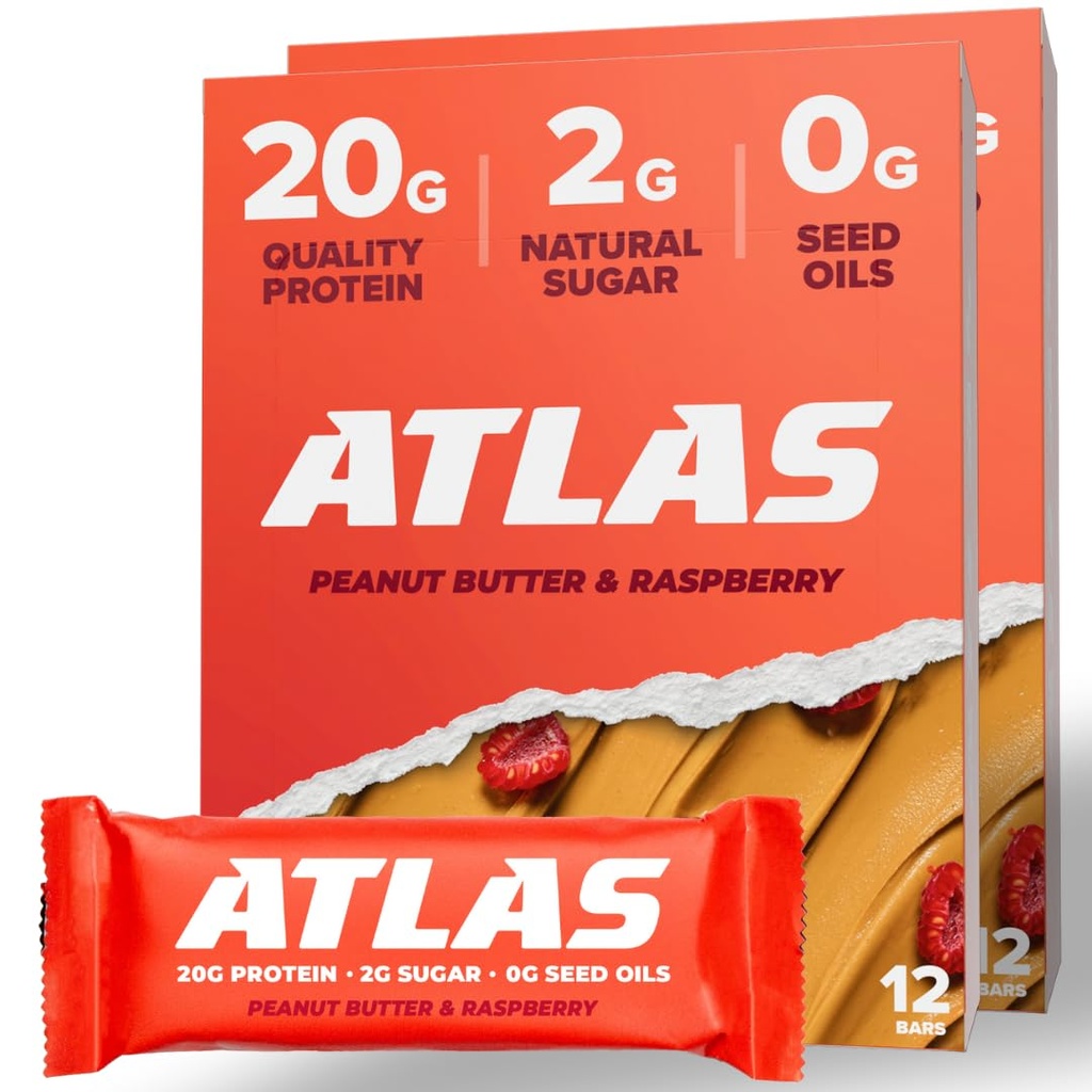 Atlas protein Bar, 20g protein, 1g Sugar, Clean Malzemeler, Gluten Free (Peanut Butter Raspberry, 12 Kont (Pack of 2))