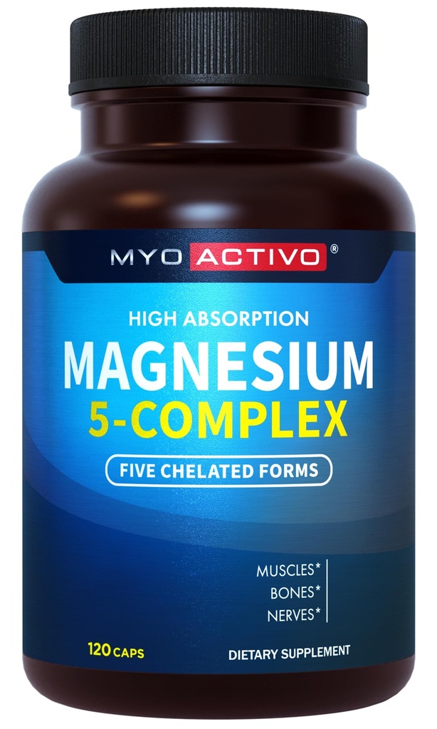 5-in-1 Magnezyum Kompleksi - Yüksek Abvitamin - Chelated Magnezyum Glycinate, Malate, Citrate, Taurate, & Aspartate for Nerves, Muscles, Bones | 120 Capsules | Magnezyum Supplement