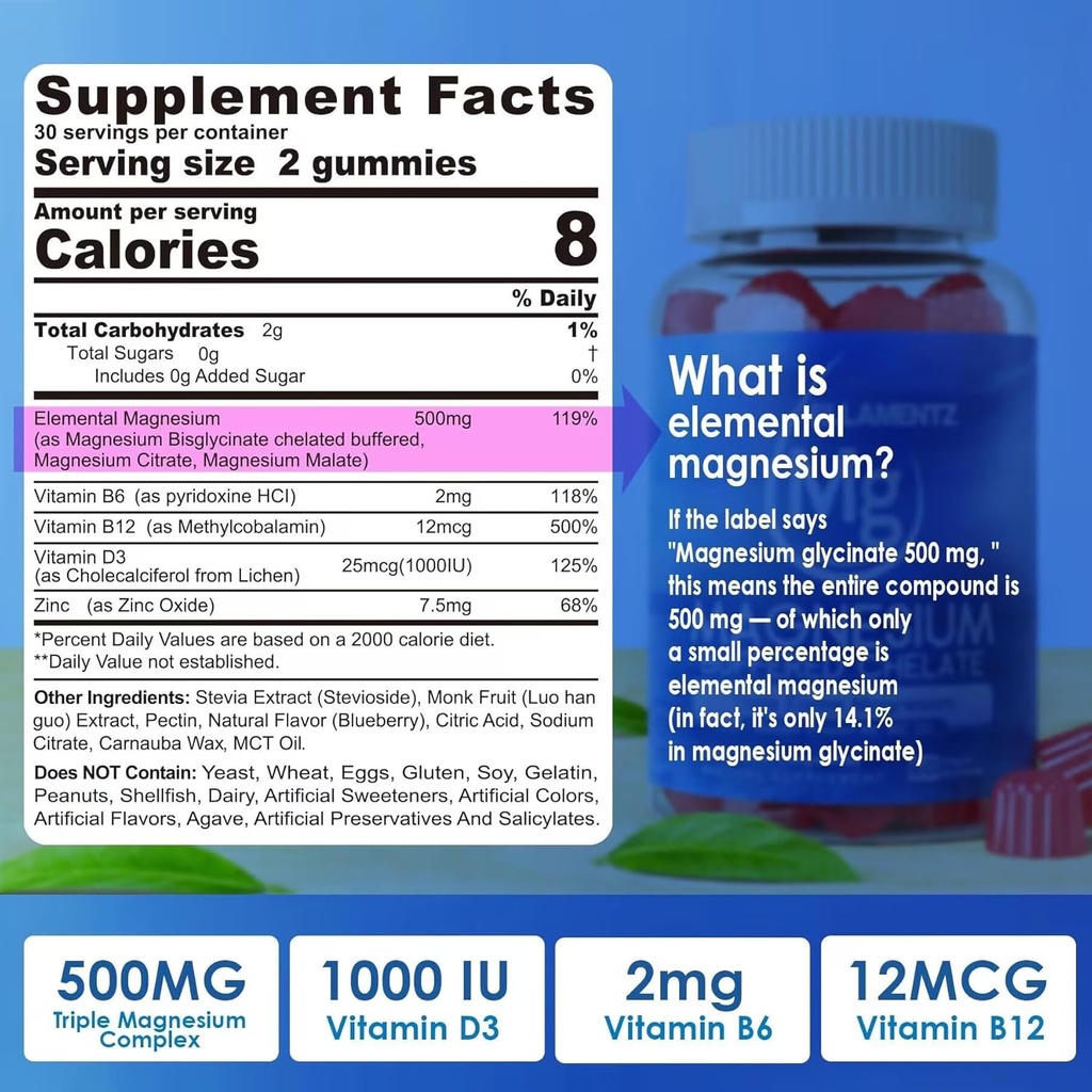Magnezyum Supplement 500 mg, Magnezyum Kompleks Gummies w/Magnesium Glycinate, Malate, Citrate, D3, B6, B12 for Sleep, Migraine Relief, Muscle & Bone, Ultimate Abors Magnezyum Tamam, 2 Pack