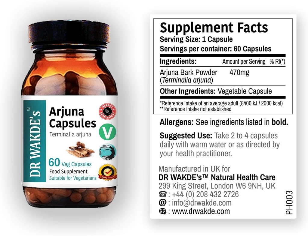 DR WAKDE'nin Arjuna Capsules (Terminalia arjuna) | 60 Veg Caps | Ayurvedic Supplement | Vegan | 100% Herbal | Sayı indirimleri | Aynı Gün Dispatch