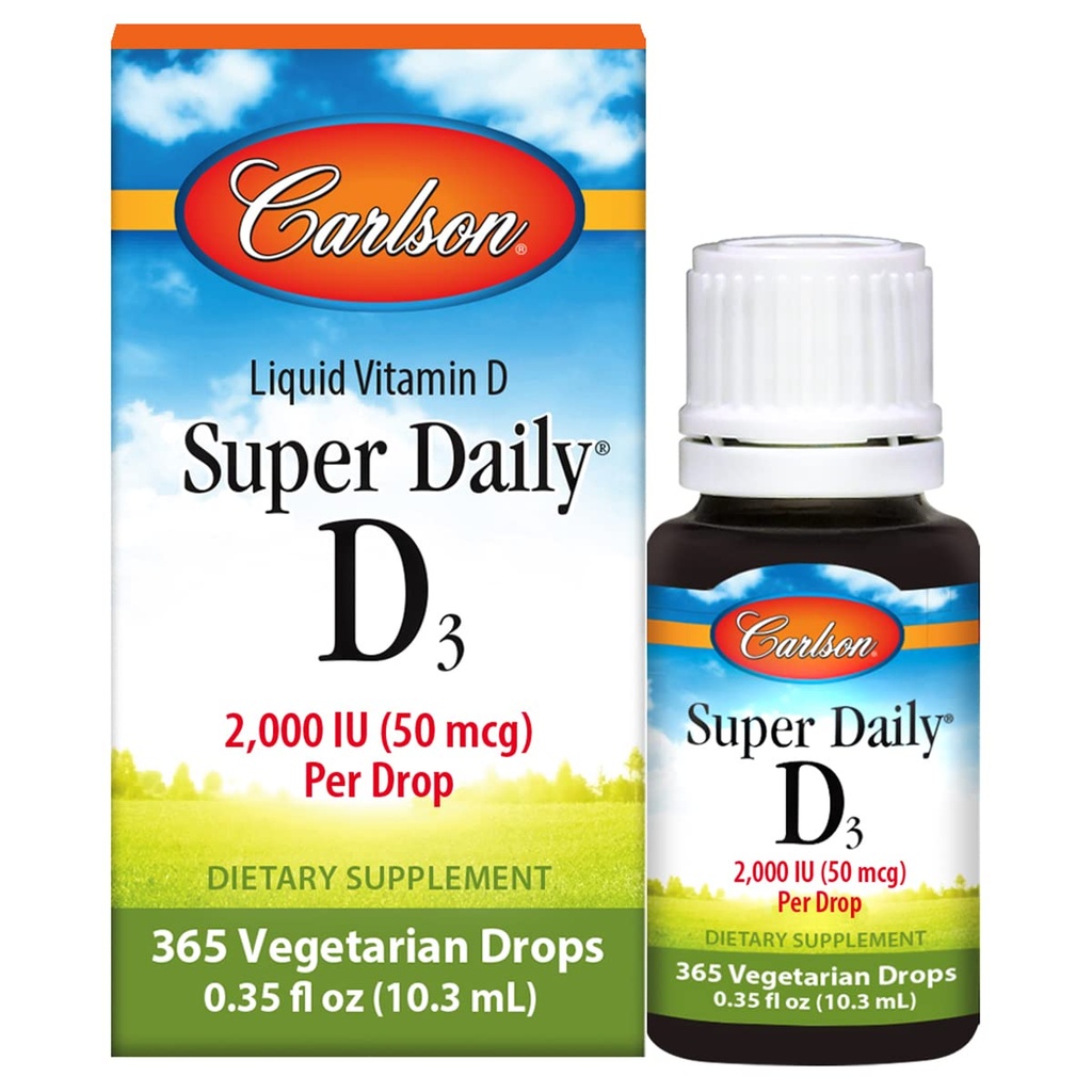 Carlson - Super Daily D3, Vitamin D Drops, 2,000 IU per Drop, 1-Year Supply, Vitamin D3 Sıvı, Kalp ve Immune Health, Vegetarian, Sıvı Vitamin D Drops, Unflavored, 365 Drops