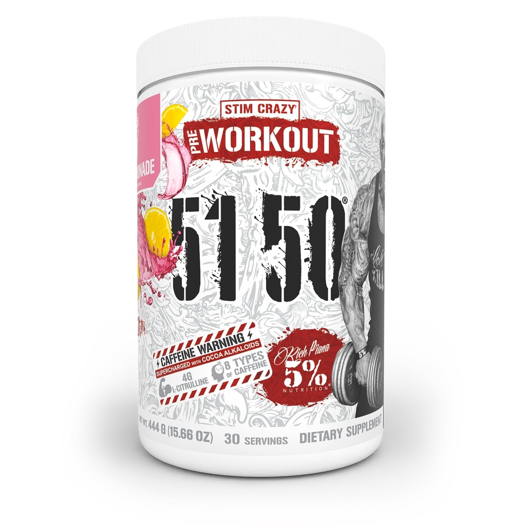 5% Nutrition Rich Piana 5150 High Stim Pre-Workout Powder | Extreme Energy, Focus, Pumps & Endurance | 400 mg Caffeine, Citrulline, Beta Alanine, N-Acetyl L-Tyrosine | 30 Srvgs (Pink Lemonade)