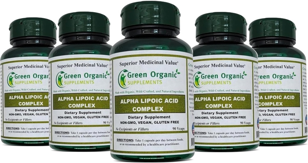 Green Organic Supplements' Alpha Lipoic Acid Kompleksi, ALA, 90 VCaps Alpha Lipoic Acid Capsules (Pack of 5)