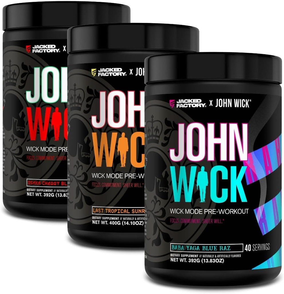Jacked Factory X John Wick - Wick Mode Pre Workout Toz - Intense Energy, Battle-Ready Focus, Unstoppable Commitment ve Sheer Will - 120 Hizmetler (3-Pack)