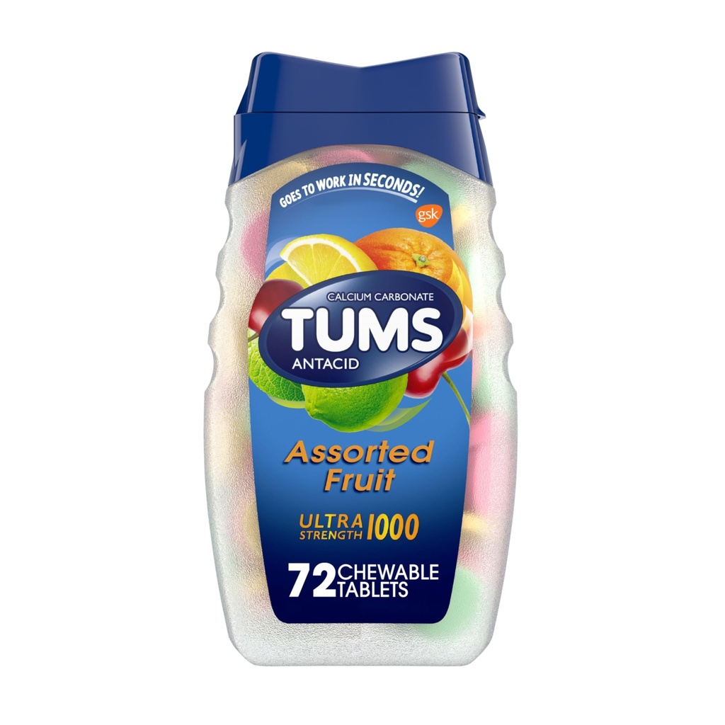 TUMS Ultra Strength Antacid Tabletleri Chewable Heartburn Relief ve Acid Indigestion Relief, Assorted Fruit - 72 Kont