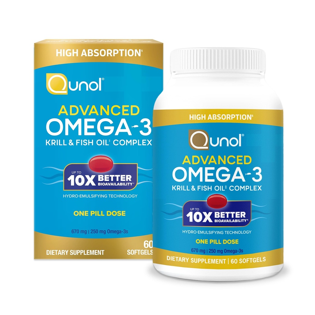 Qunol Advanced Omega 3 Krill ve Fish Oil Kompleksi, 10x Better Bioavailability, One Pill Dose, 250 mg EPA & DHA, Supports Brain, Eye, Heart and Joint Health, 60 Count (Pack of 1)