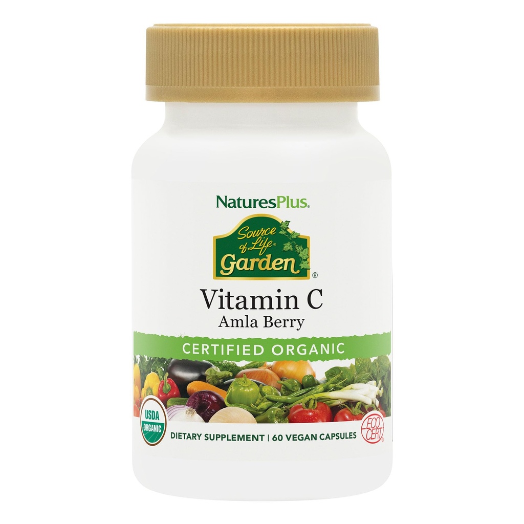 Natures Plus Source of Life Garden sertifikalı Organik Vitamin C - 500 mg, 60 Vegan Capsules - Tüm Gıda Immune Support Supplement, Antioksi - Vegetarian, Gluten-Free - 30 Hizmet