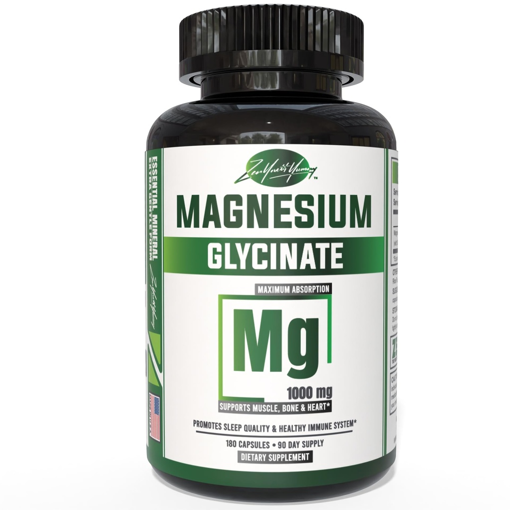 ZYY Pure Magnezyum Glycinate Capsules 1000mg maksimum Güçlü, Uyku, Kas, Beyin, Kemik ve Kalp Sağlığı, 3. Parti Test Edildi, 180 Capsules 1000mg maksimum Güçlü, Chelated for High Abors Magnezyum Supplement for Sleep, Muscle, Brain, Bone and Heart Health, 3rd Party Tested, 180 Capsules