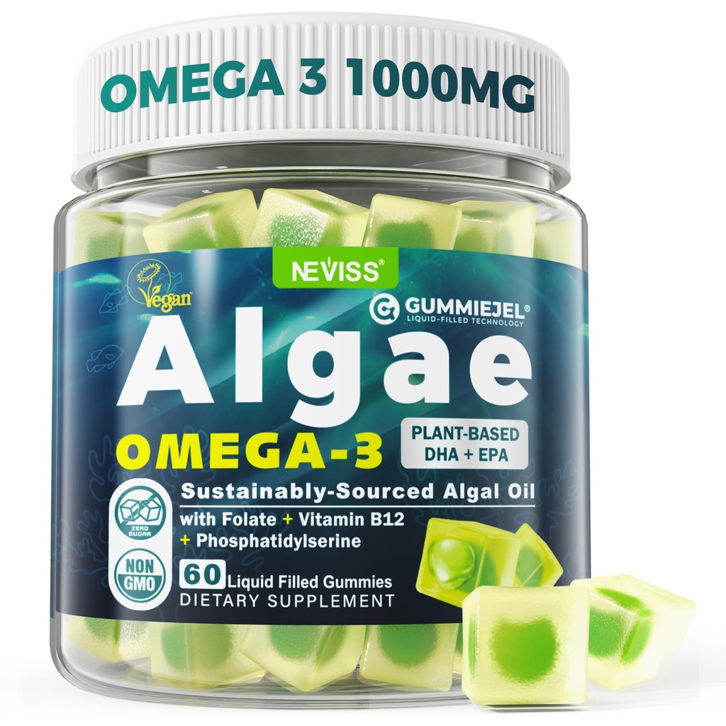 Vegan Omega-3 Yetişkinler için Gummies, Fish Oil Alternatif Algae Oil, Plantive DHA 460 mg & EPA 230 mg Plus Me Me MetilFolate, B12, Phosphatidylserine, No Fishy Taste, Vegan, Sugar Free, 60 Cts