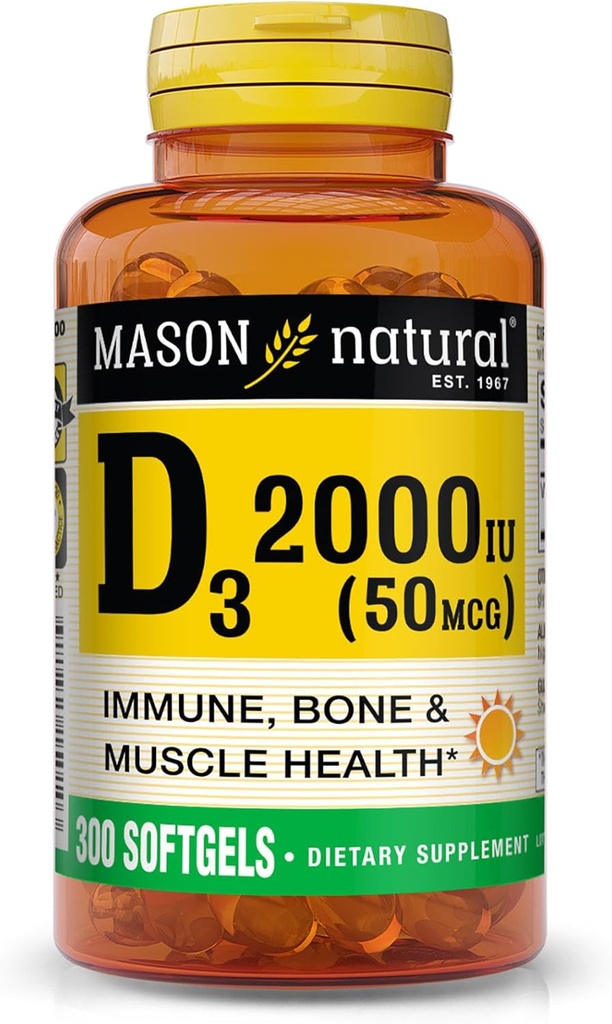 MASON NATURAL Vitamin D3 2,000 IU Ultra Güçlü, Kemik Yoğunluğu, Güçlü ve Immune Health, 300 Softgels