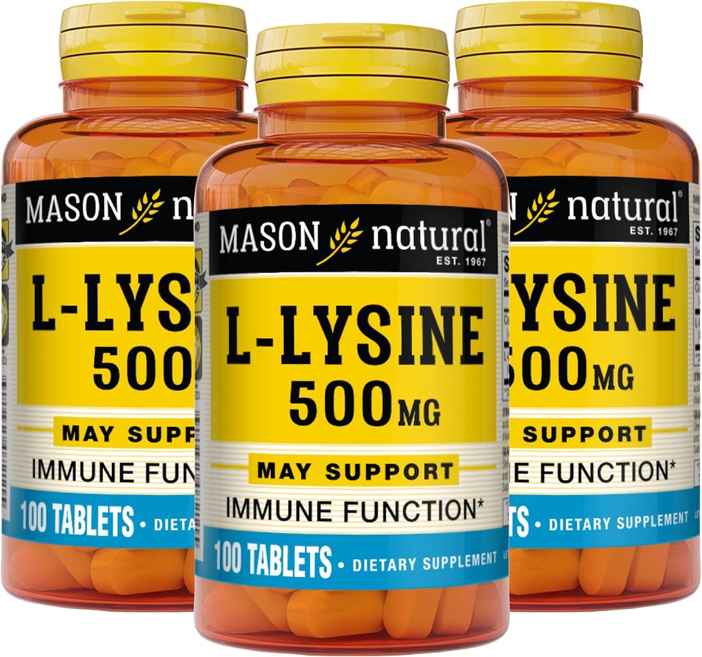 MASON NATURAL L-Lysine 500 mg ile - Geliştirilmiş Immune Fonksiyonlar, Geliştirilmiş Nutrient Aborpsiyon, Essential Amino Asit, 100 Tablet (Pazar 3)