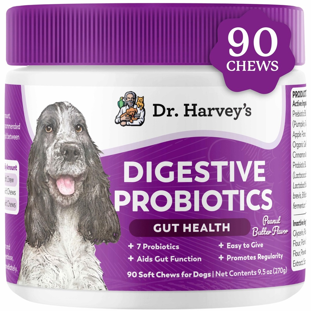 Dr. Harvey'nin Köpekler için Digestive Probiyotik Yumuşak Chews, Gut Health, Diarrhea ve Bowel Desteği için 9 Probiyotikler, Peanut Butter Flavor (90 Chews)