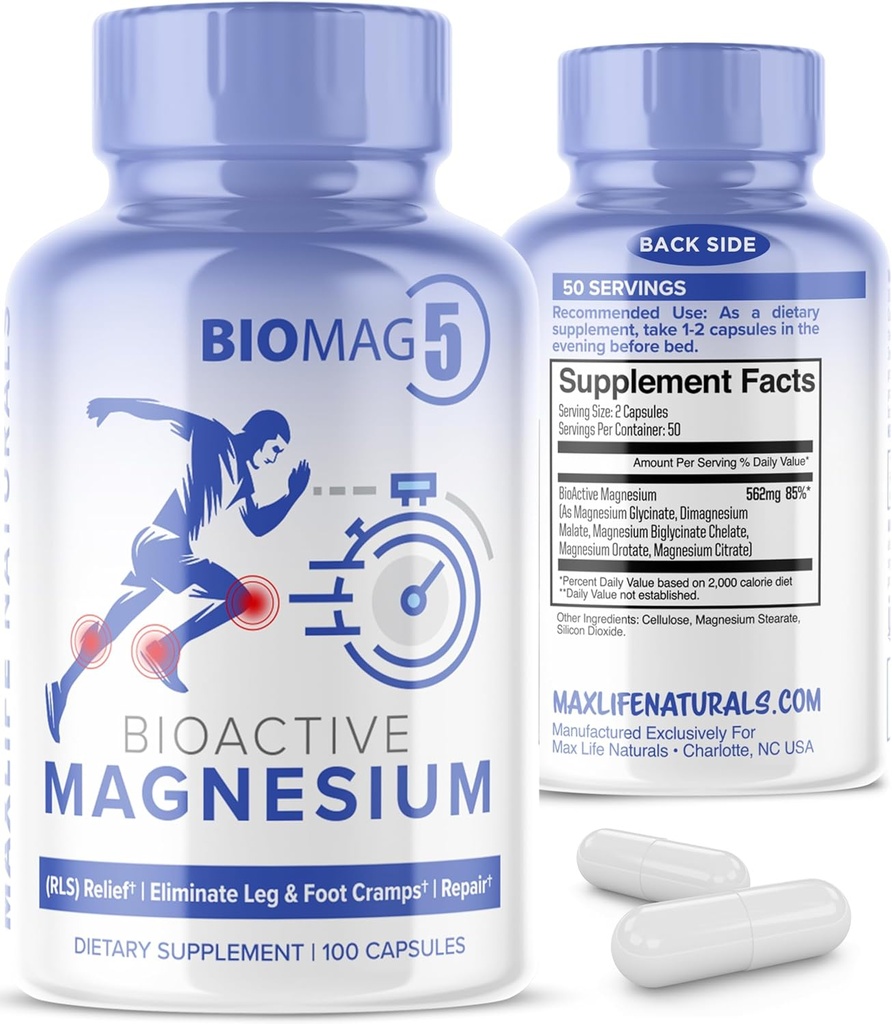 Kadınlar ve Erkekler için BioMag 5 Magnezyum Kompleksi, 100 Capsules - ABD'de Formüle - BiyoActive ve BioAvailable Magnezyum Glycinate Malate Citrate Orotate ve Biglycinate Chelate Supplements
