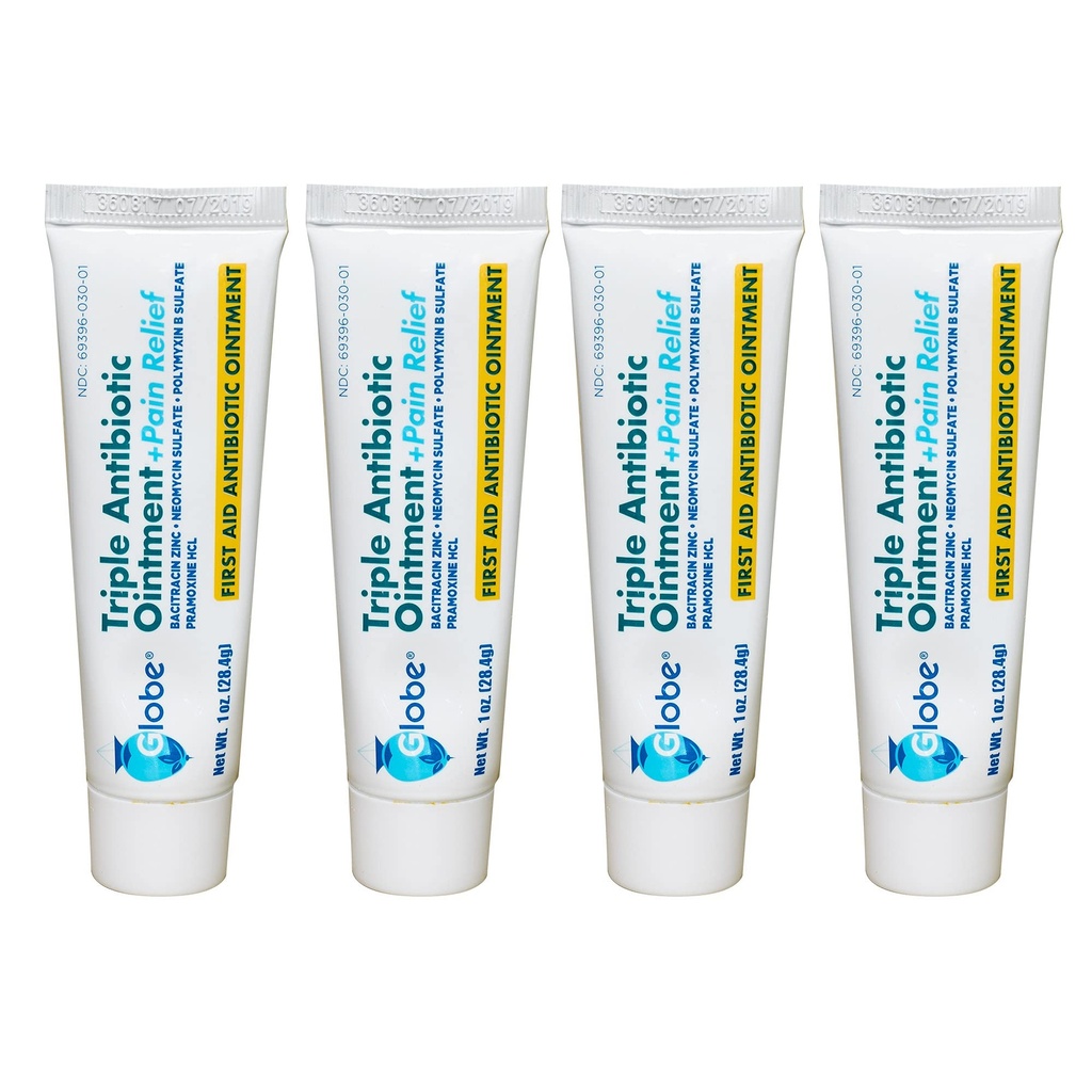 Globe (4 Pack Triple Antibiyotik + Pain Relief Ointment 1oz, First Aid Antibiyotik, Soothes Pain, Cuts, Burns ve 24 Saat Enfeksiyon Koruma Koruma