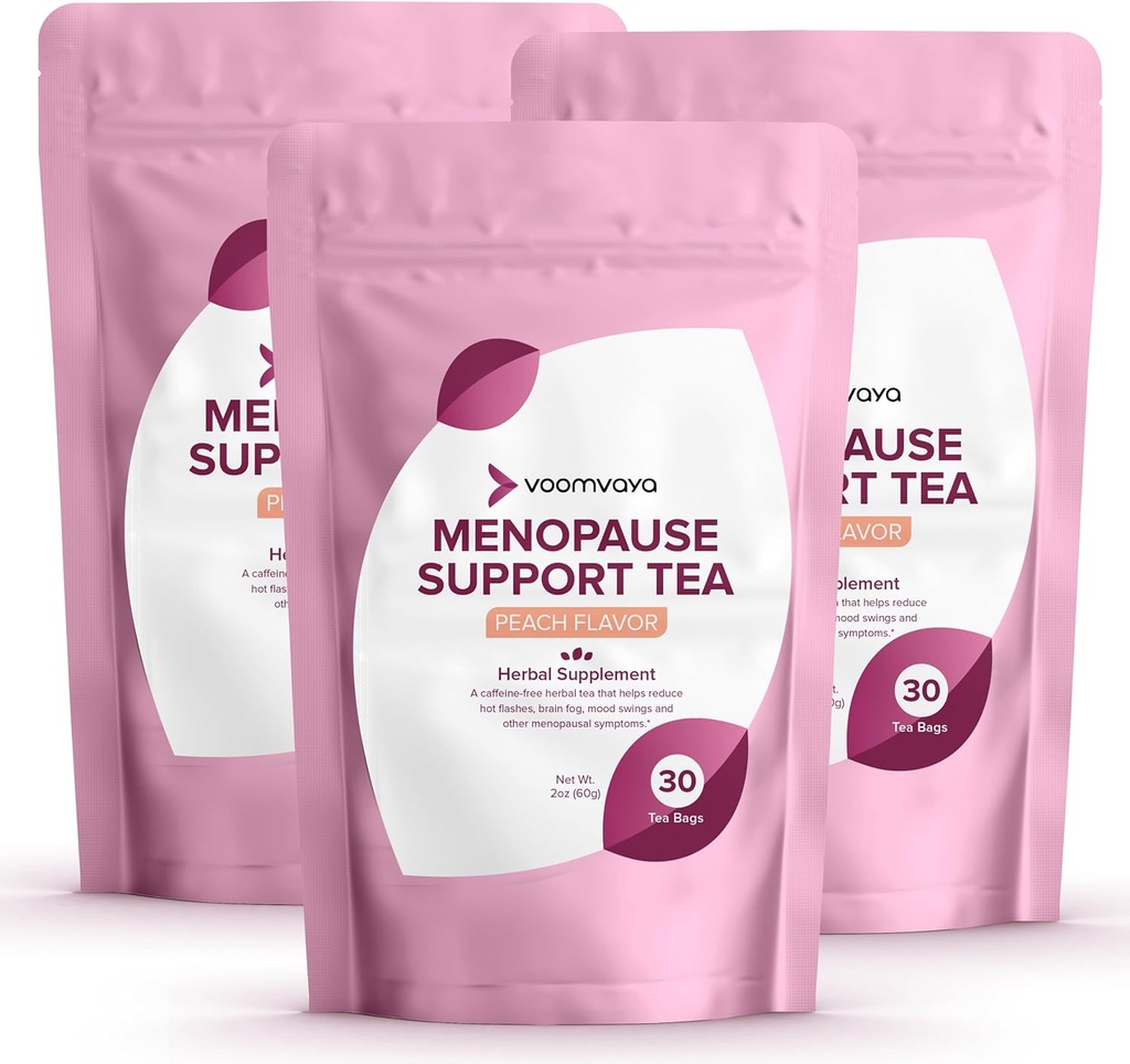 VoomVaya Menopause Support Tea 3Pack Sche - Kadınlar için Doğal Menopause Relief for Women w/Red Clover & Black Cohosh - Gece Ters & Hot Flashes Relief - Peach Flavor - 90 Teabags