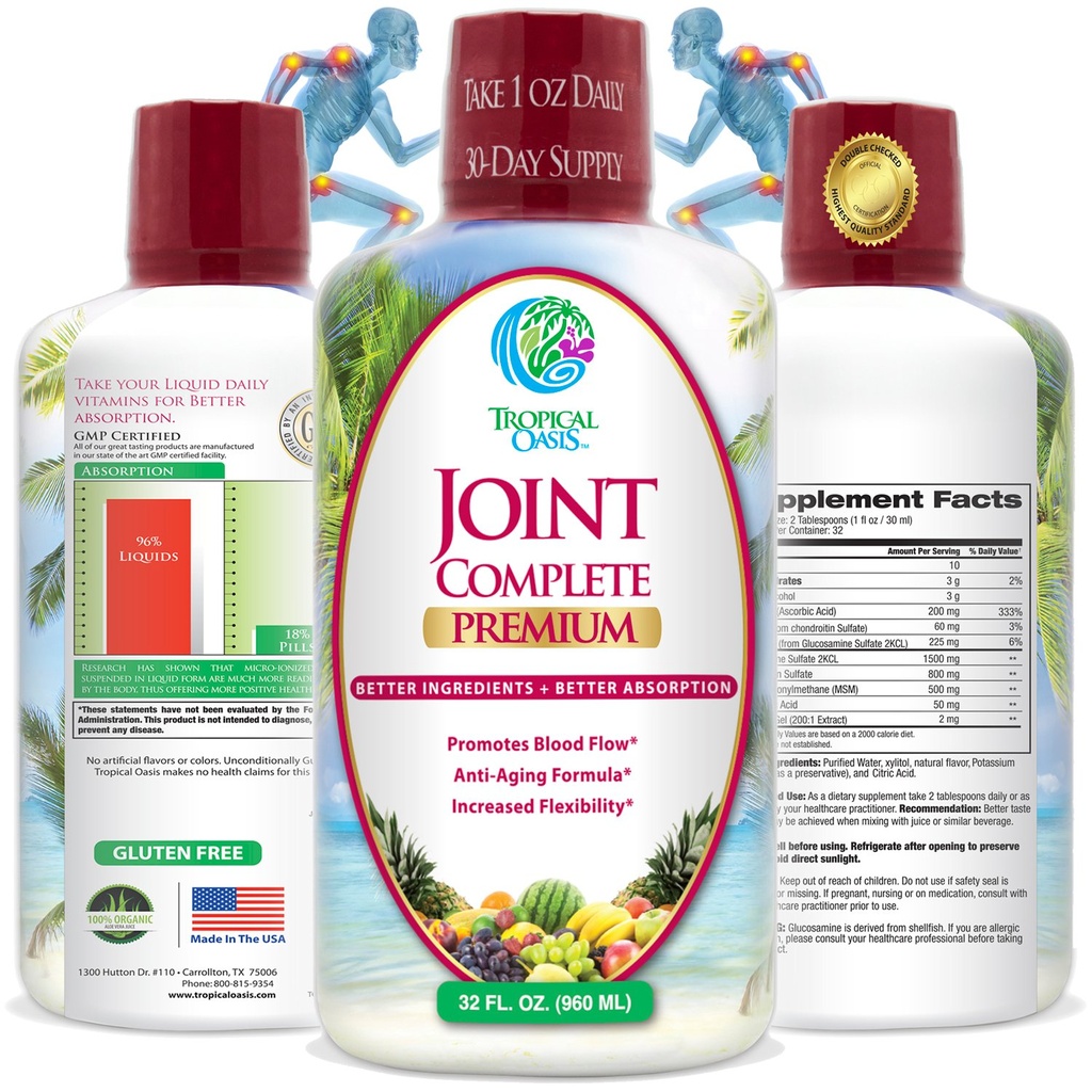 Tropikal Oasis Ortak Tamam Premium - Sıvı Glucosamine Sulfate, Chondroitin, MSM & Hyaluronik Asit - %96 Max Absiyon- 32oz, 32 serv, 33484