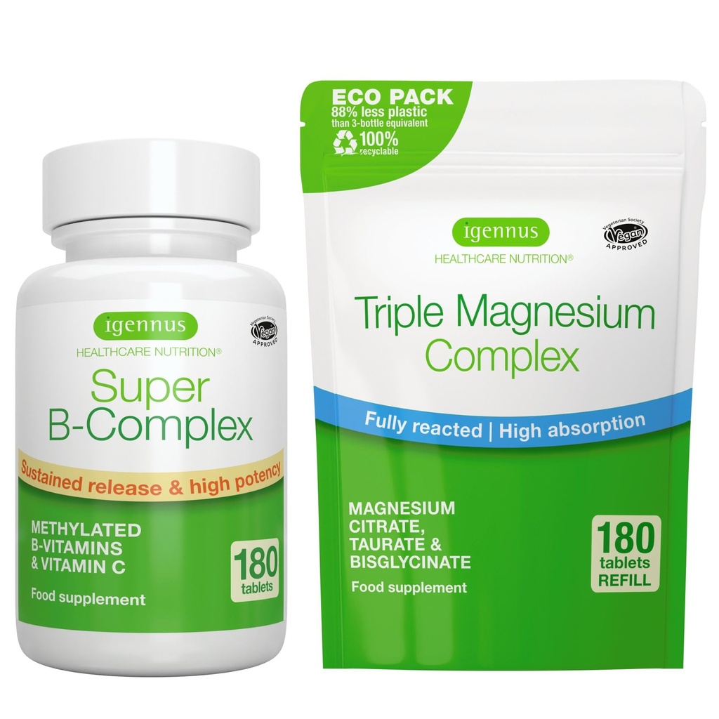 Super B-Complex 180 Tabletler + Triple Kompleksi 180 Tabletler Vegan Sche, Metilated Sustained Release B Kompleks + Yüksek Apsiyon Chelated Magnezyum Glycinate, Taurate & Citrate, by Igennus