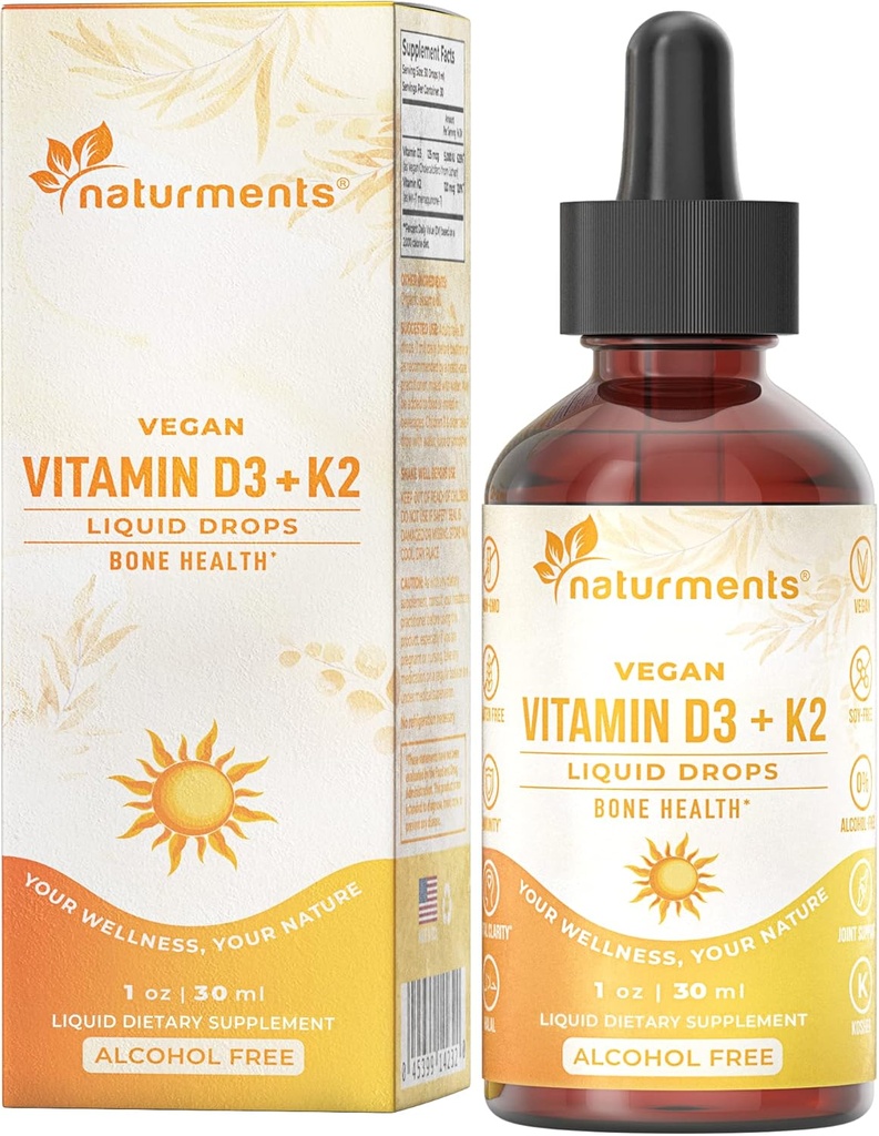 Naturments Vitamin D3 with K2 Liquid Drops (as Lichen) +K2 Kompleksi: Bone and Heart Health Formula Immune Support and Energy - Faster Abxia Non-GMO, Alkol Vegan-Free, Sugar-Free 1 Fl Oz
