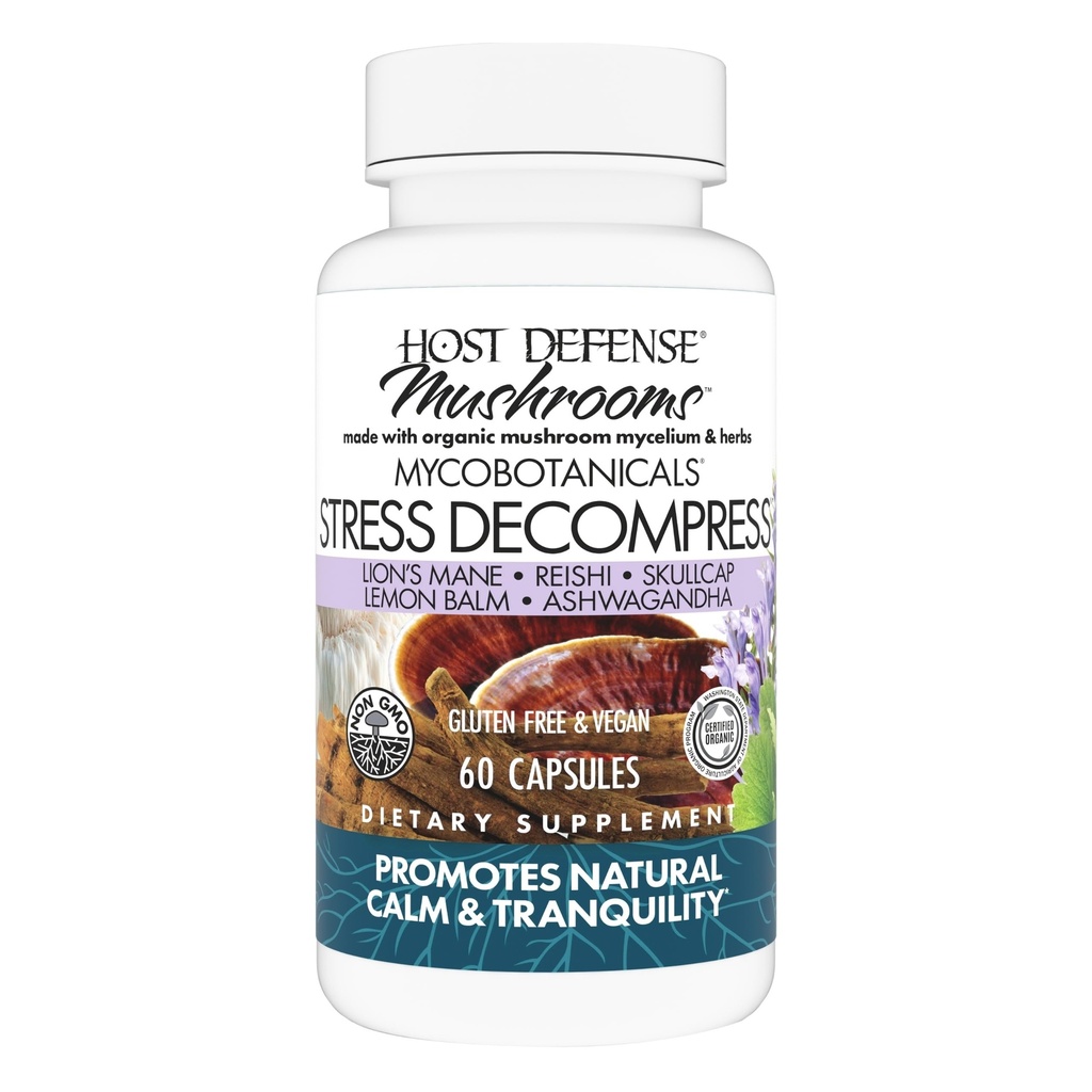 Host Defense MycoBotanicals Stress Decompress* Capsules - Mushroom Supplement with Lemon Balm & Ashwagandha Root - with Reishi, Lion's Man & Skullcap - 60 Capsules (30 Hizmetler)