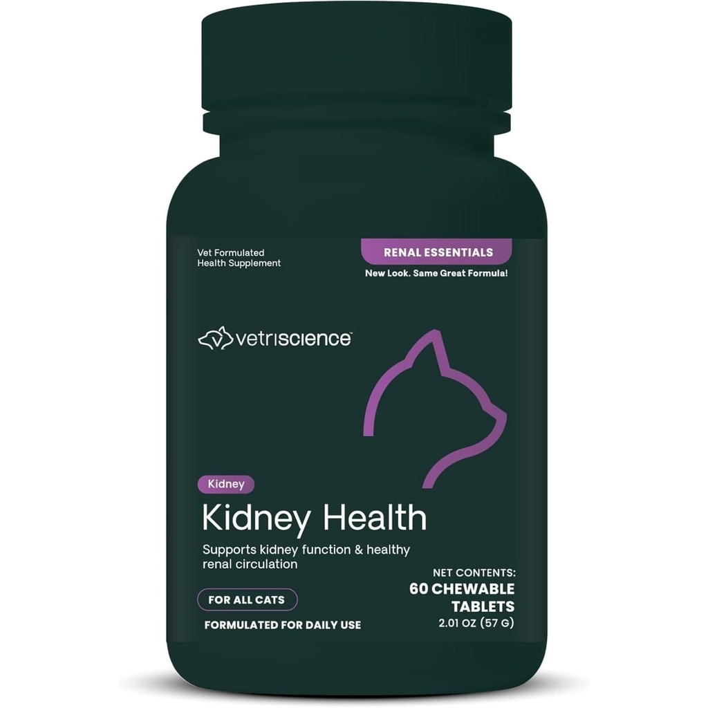Vetri Science Kidney Health Chewable Tabletler, Renal Essentials Supplement for Cats, Kidney Care and Support with Mushroom, Astragalus Root, Nettle Seed and Herbs, Chicken and Fish, 60 Count