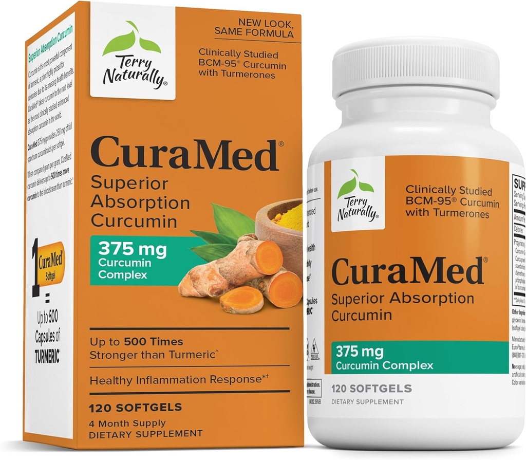 Terry Naturally CuraMed 375mg - Antioxidant Supplement for Brain & Immune Health Support - Dietary Supplement with Curcumin & Turmeric Essential Oil - Herbal Liver Support - 120 Softgels