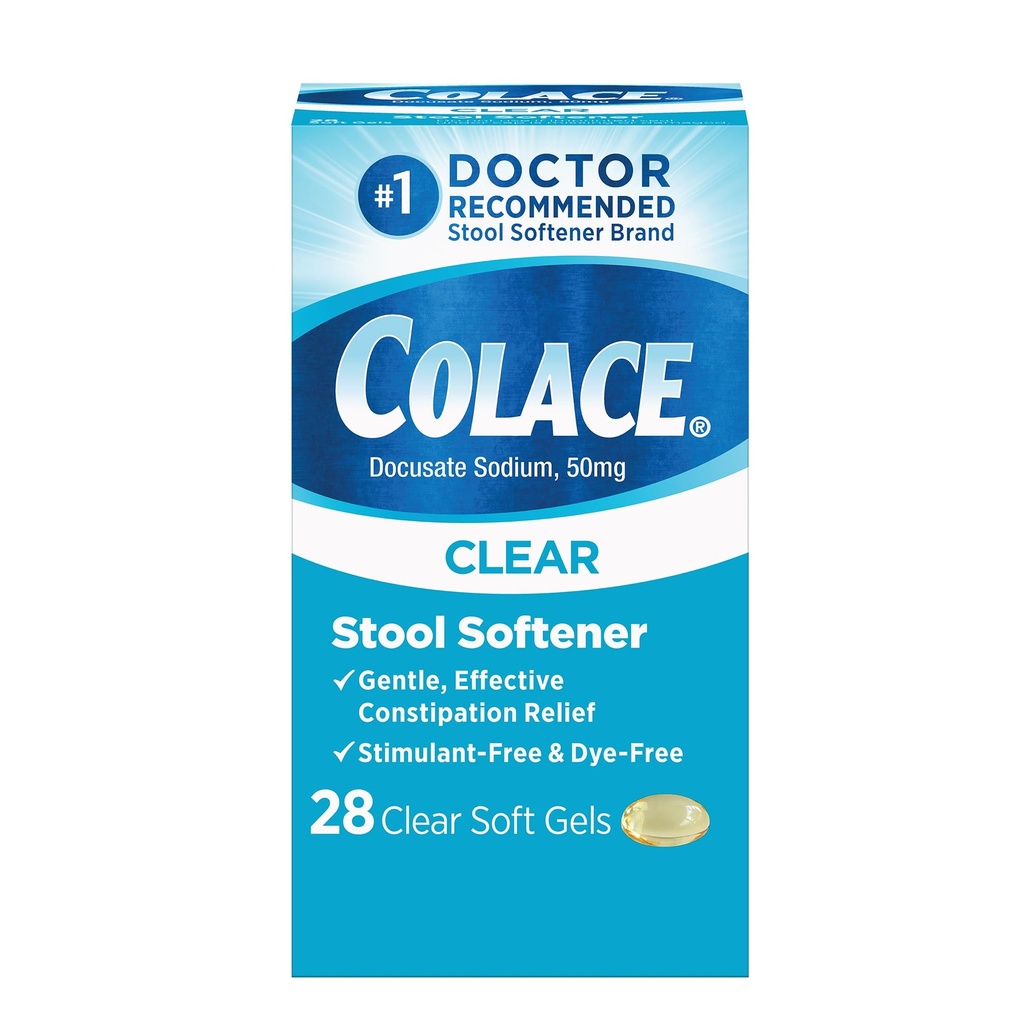 Colace Clear Stool Softener Soft Gel Capsules Constipation Relief 50mg Docusate sodyum Doctor Önerilen 28ct