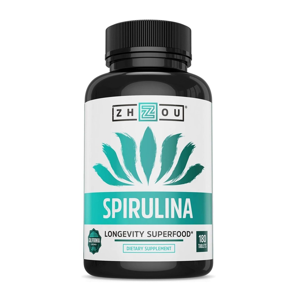 Zhou Spirulina Tabletleri - Spirulina Pills, Greens Superfood Supplement with Chlorophyll & Blue Spirulina Toz Biliş & Immune Support, Pure Premium Formula - 180 Tabletler