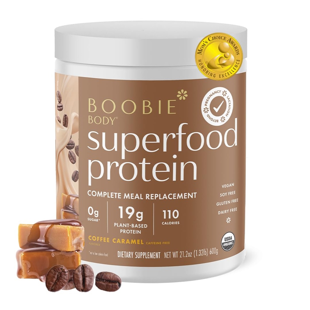 Boobie Body Superfood proteini ve Postpartum Meal Emekli Shake, Kahve Caramel Flavor | 19g Protein | Lactation & Motherhood | Organik, Vegan, Zero Sugar, 1 Tub (20 Hizmet)