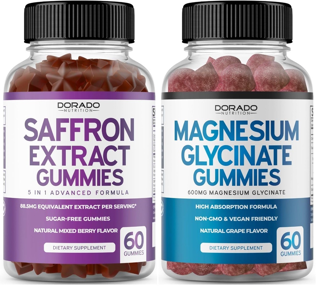 Saffron Supplements (60 Gummies) 5 in 1 Gelişmiş Formula Sugar Free Gummy - Delicious Raspberry Flavor and Magnezyum Glycinate (60 Kont) Pure Glycinate Gummy for Yetişkinler - Non-GMO, Vegan & USA Made-GMO, Vegan & USA Made