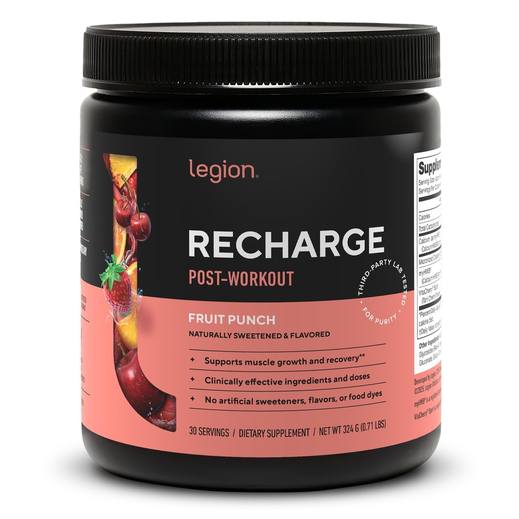 LEGION Recharge Post Workout Supplement - All Natural Muscle Builder & Recovery Drink with Micronized Tinatine Monohidrat. Doğal olarak Tatlılanmış ve Yükselmiş, Güvenli ve Sağlıklı (Fruit Punch, 30 Serve)