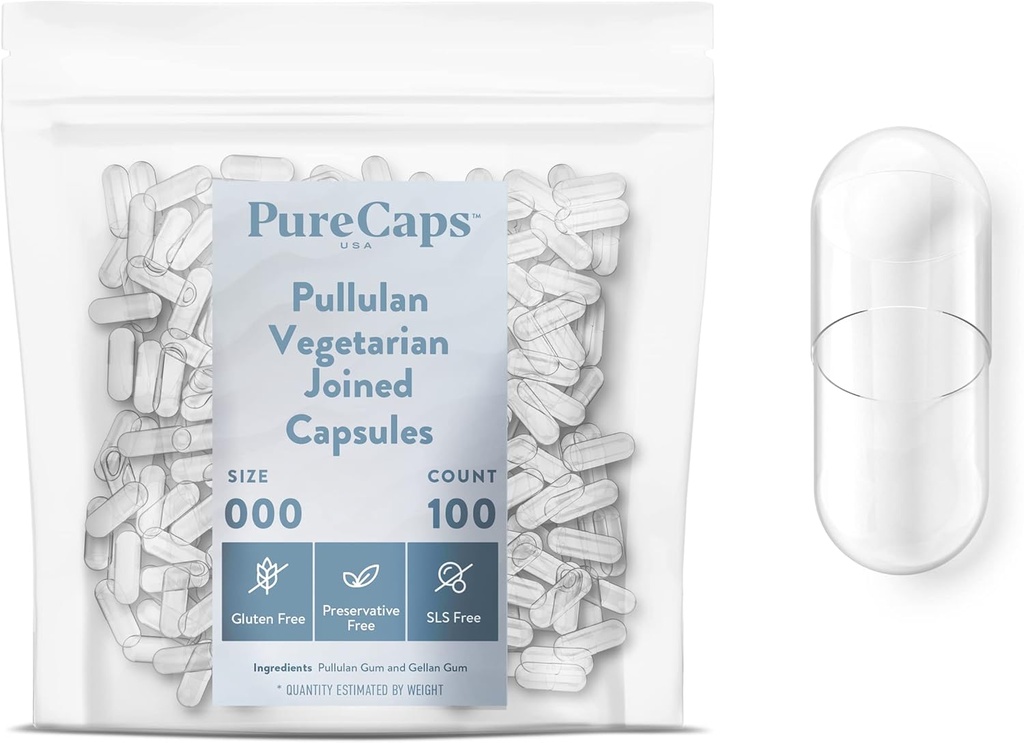PureCaps USA - Boş Vejetaryen Vegan Pullulan Pill Capsules Boyut 000 | 1.000 Katılılmış Pills| Clear| Non-GMO sertifikalı | SLS, Gluten, Preservative Free Free