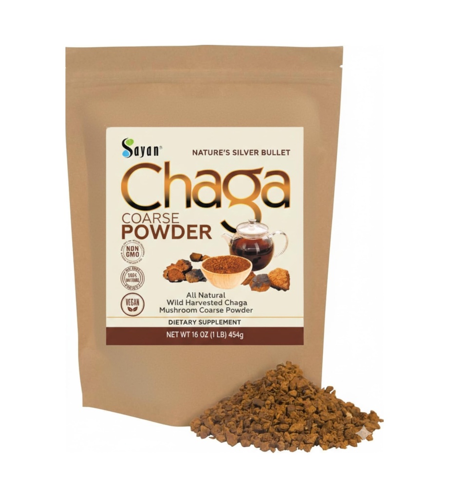 Sayan Sibirya Pure Raw Coarse Chaga Toz 1lb / 454g - Premium Vahşi Orman Immune System and Digestive Health - Focus, Energy, Clarity, Wellness - Non-GMO
