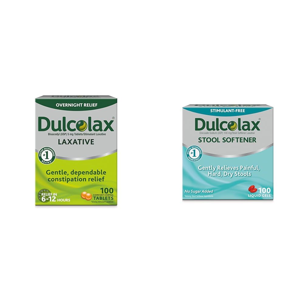 Dulcolax Stimulant Laxative Tabletler (100 Kont) Gece Özeti Yardımı, Bisacodyl 5 mg & Stool Softener Laxative Liquid Gel Capsules (100ct) için, Docusate sodyum 100 mg