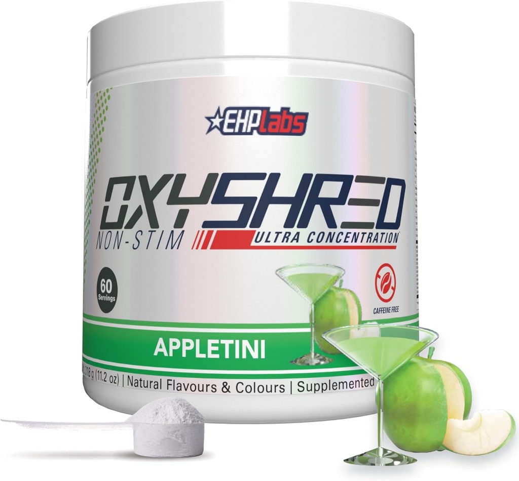 EHP Laboratuvarları OxyShred Non Stimulant Pre Workout Toz - Stim Free Pre Workout, Caffeine Free Preworkout for Men & Women with L Glutamine & Acetyl L Carnitine - Apple, 60 Servisler