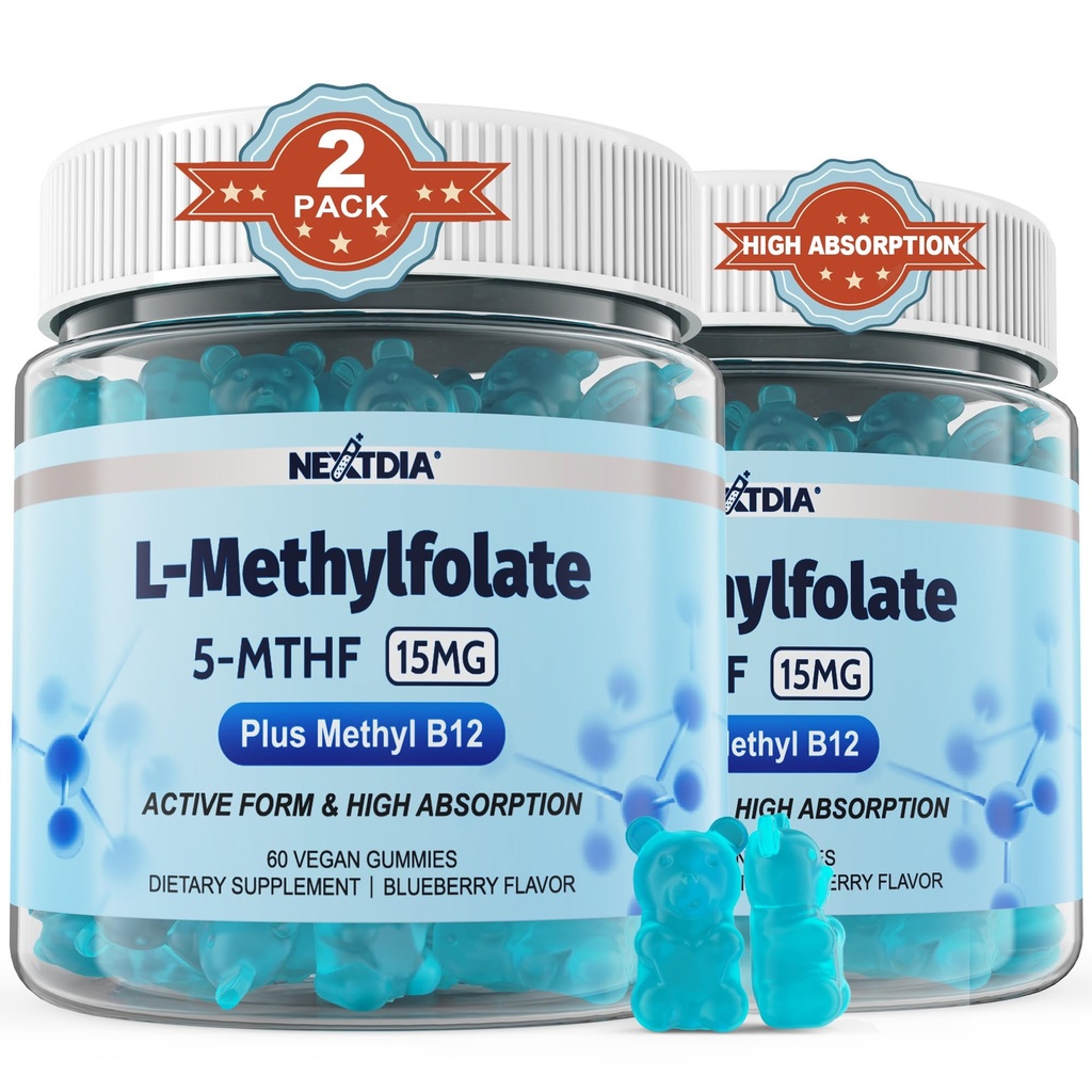 L-MethylFolate 15mg & Methyl B12 Gummies, Methyl B1, B2, B6 Çokvitaminler - Aktif 5MTHF & High Abvitamin - Destekler MTHFR Gen, Cognition, Homocysteine Seviyeleri, Folate Metabolism, Vegan, 120 Cts