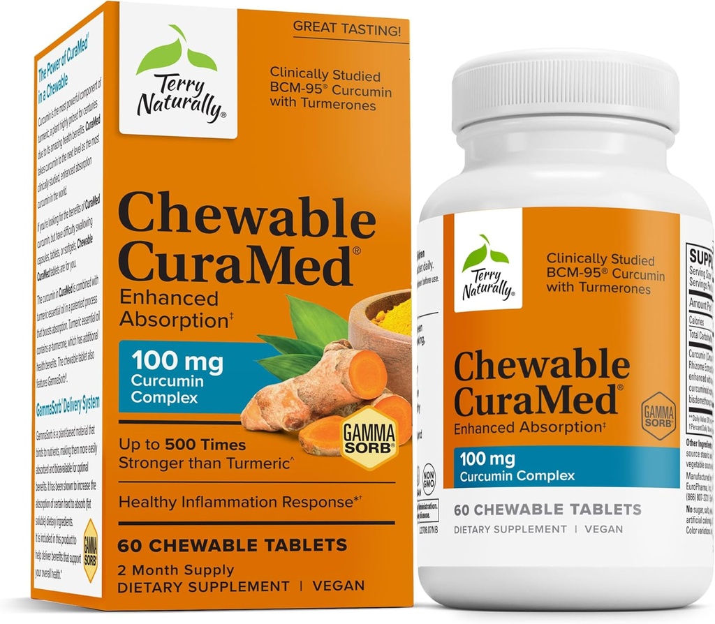 Terry Natural CuraMed 100 mg Curcumin Kompleksi - Turmeric ile Abhidrasyon Curcumin Supplement - Brain & Liver Health Support Supplement - Vegan Diyetary Supplement - 60 Chewable Tabletler