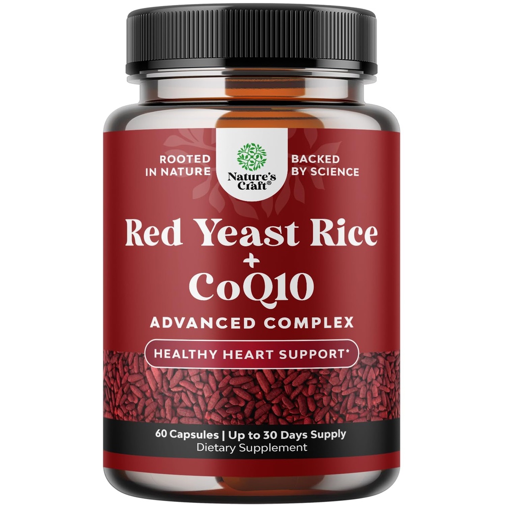 Red Yeast Rice with CoQ10 Supplement - Advanced Healthy Heart & Healthy Cholesterol Levels Formula for Men & Women - Red Yeast Rice Capsules with 1200mg per Serving and CoQ10-60 Count