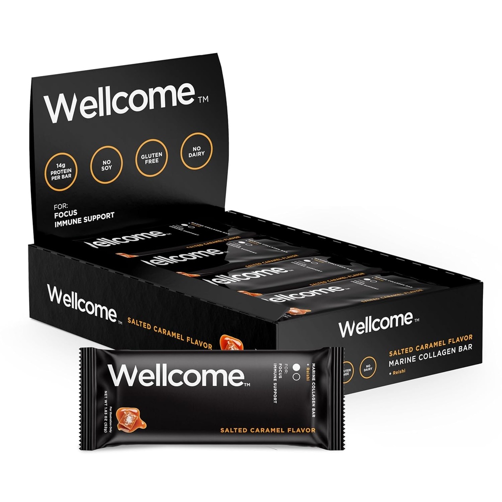 Wellcome Salted Caramel Marine Collagen protein Bar with Reishi Mushroom For Energy and Immune Support - Adaptojenik Snack Bar - Süt Free Health Bar for Fonksiyonel Active Lifestyle (Pack of 12)