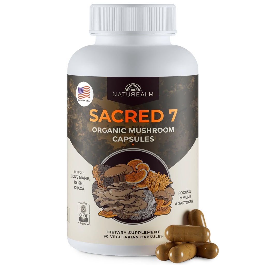 Naturealm Holy 7 Organik Mushroom Extract Capsules - Premium 7 Mushroom Supplement with Lions Mane, Reishi, Chaga - USDA Organic Immune Support & Focus - 90 Vegetarian Capsules - Premium 7 Mushroom Supplement with Lions Mane, Reishi, Chaga - USDA Organic Immune Support & Focus - 90 Vegetarian Capsules